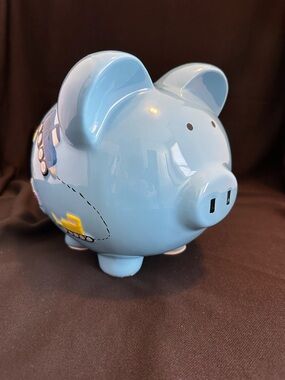 Child to Cherish Light Blue Ceramic Piggy Bank with Construction Vehicles